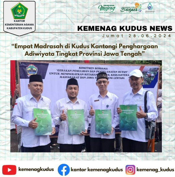Empat Madrasah di Kabupaten Kudus Mengantongi Penghargaan Adiwiyata tingkat Provinsi Jawa Tengah Tahun 2024.